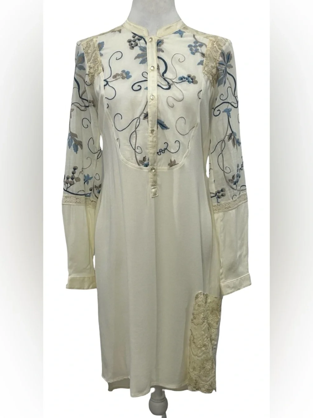 Tiny Ivory Boho Festival Shirt Dress Embroidered Lace XS S Country Cottagecore - Picture 2 of 16